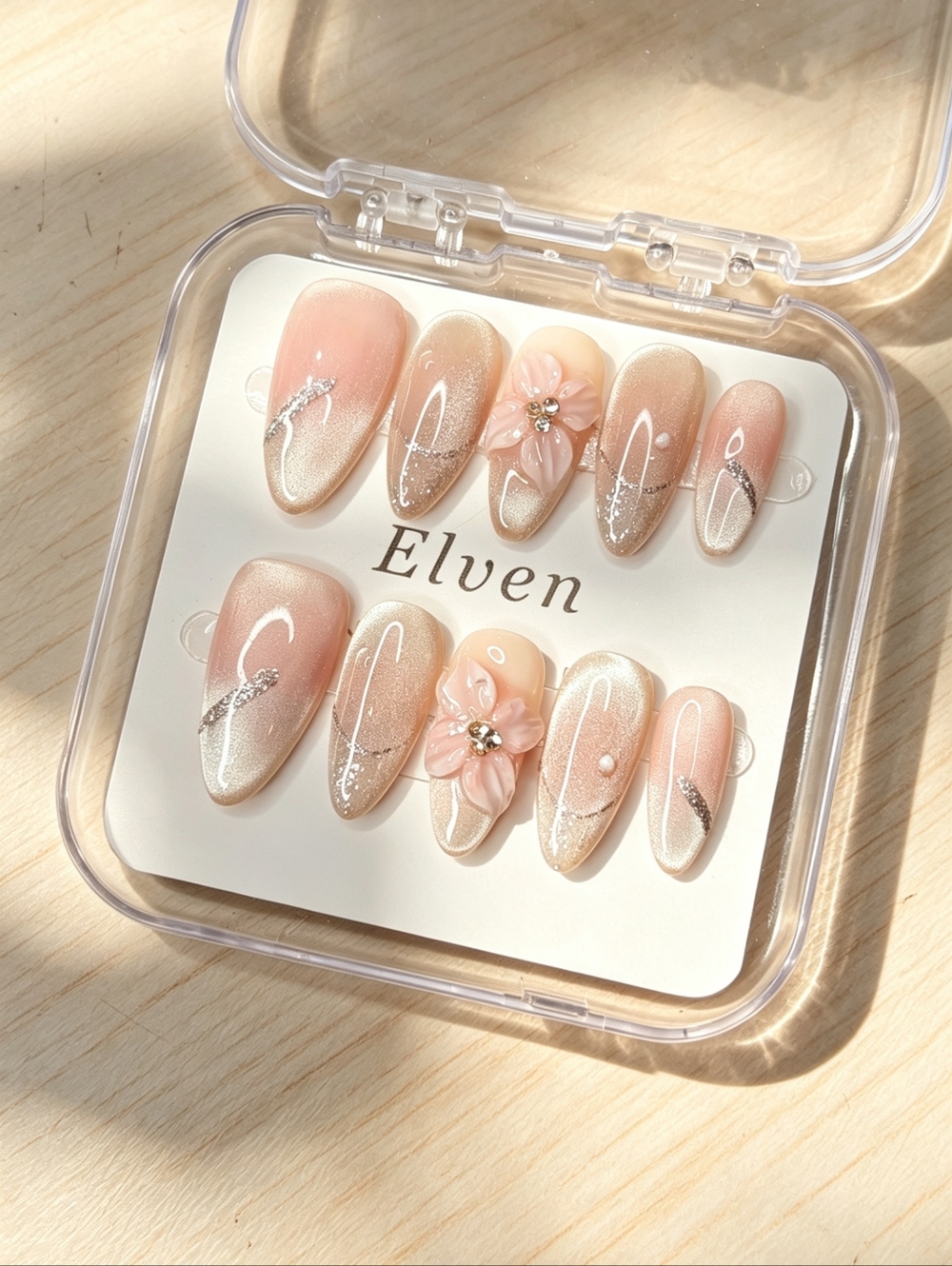 Nude Pink Cat Eye Silver Glitter Almond Shape Press On Nail with Floral Accent